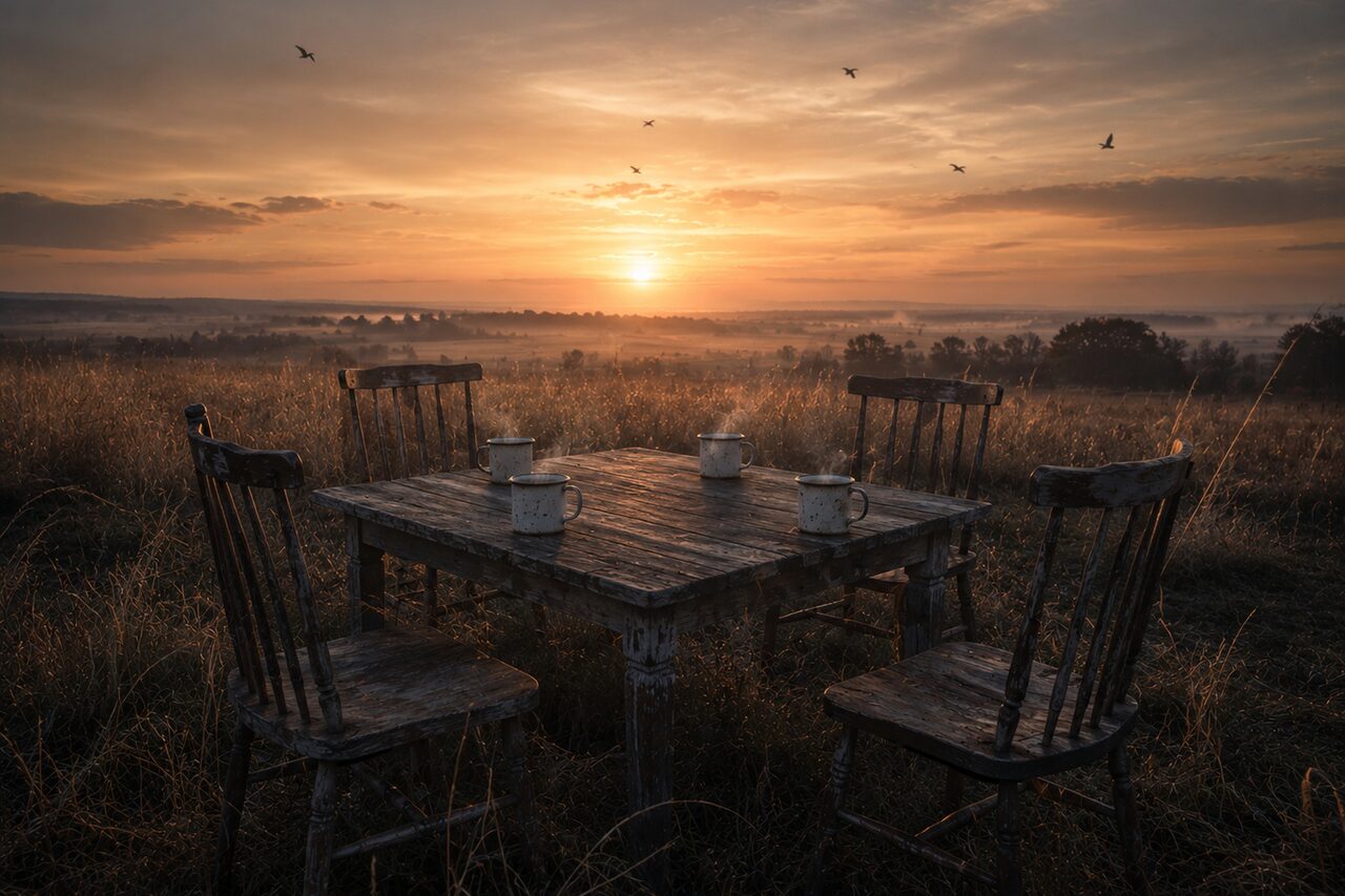 An empty wooden table with four chairs and four mugs in a misty field at sunrise, birds overhead