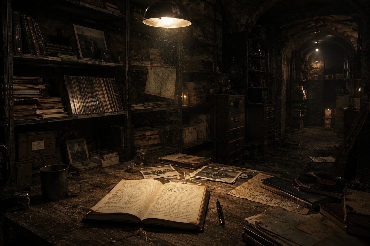 A dim archive room with shelves of records and papers, an open book on the table under a single hanging lamp