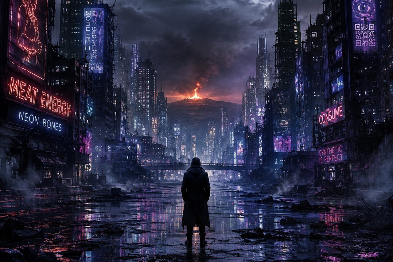 A lone figure in a long coat standing in a flooded neon street at night, signs reading Meat Energy and Neon Bones, a fire on a distant hill