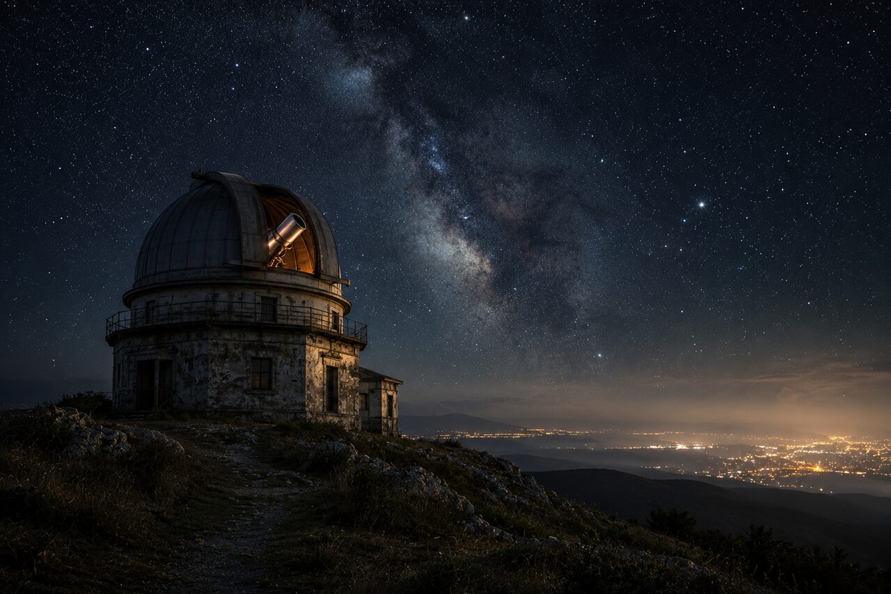 A domed stone observatory on a hilltop under the Milky Way, city lights in the valley below