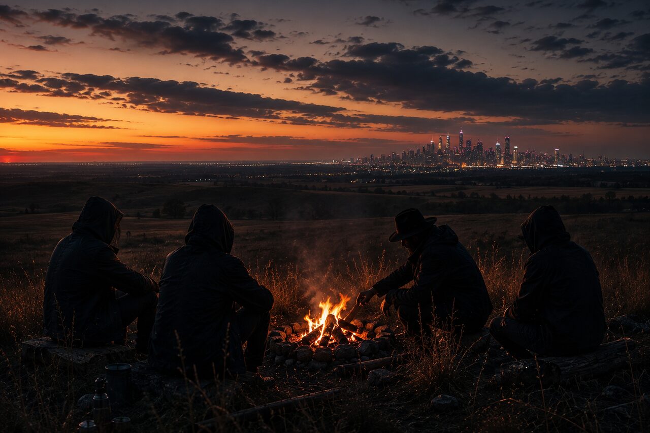 Four hooded figures around a campfire on a grassy plain at dusk, a city skyline glowing on the horizon
