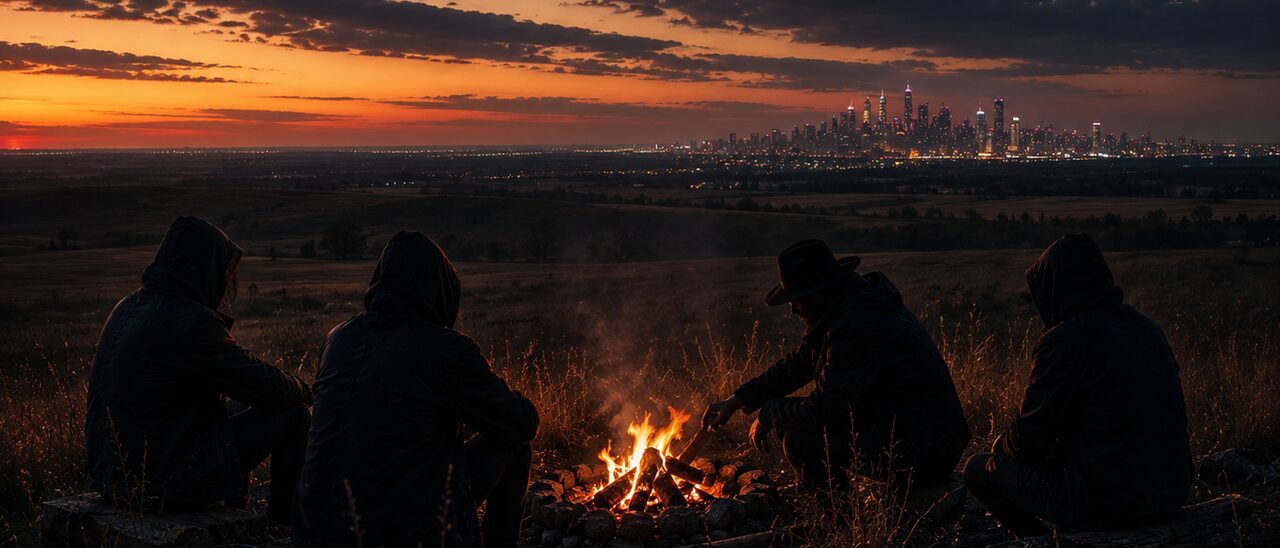 Four hooded figures around a campfire on a grassy plain at dusk, a city skyline glowing on the horizon