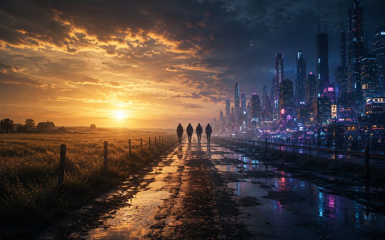 Four figures walking along a wet country road at sunset, between open fields and a neon-lit city