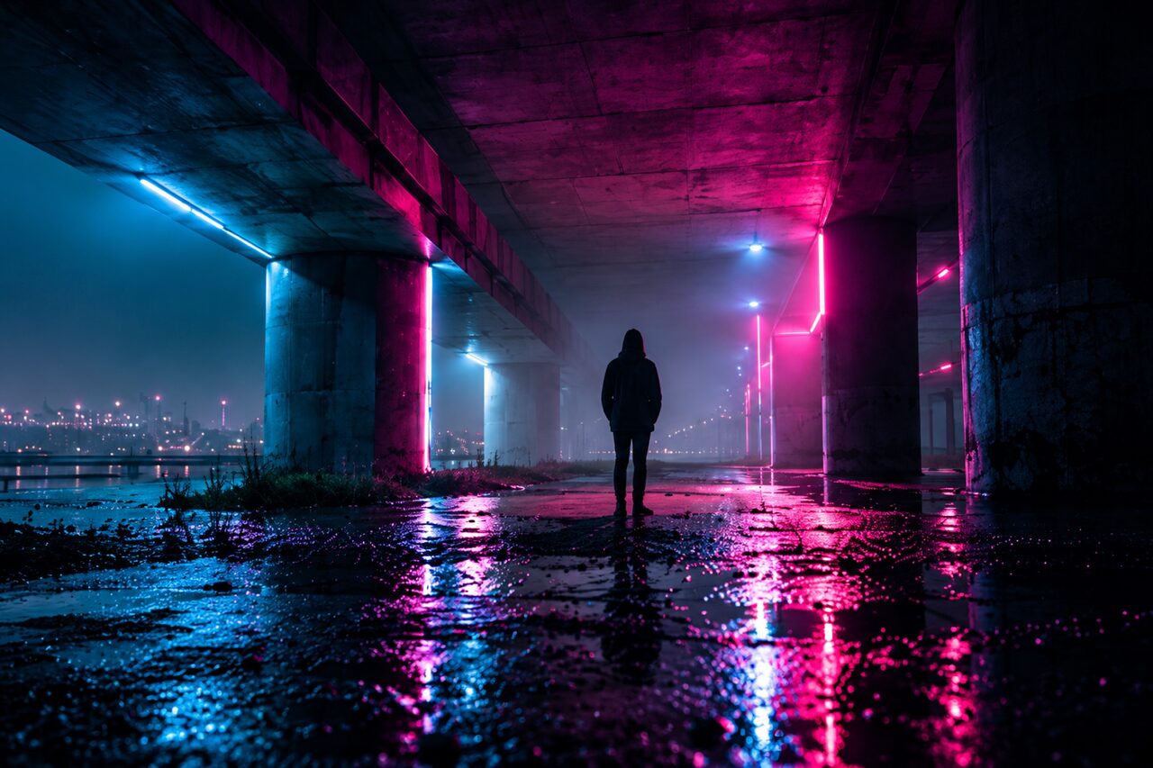 A lone figure standing under a concrete flyover at night, pink and blue light reflected on the wet ground