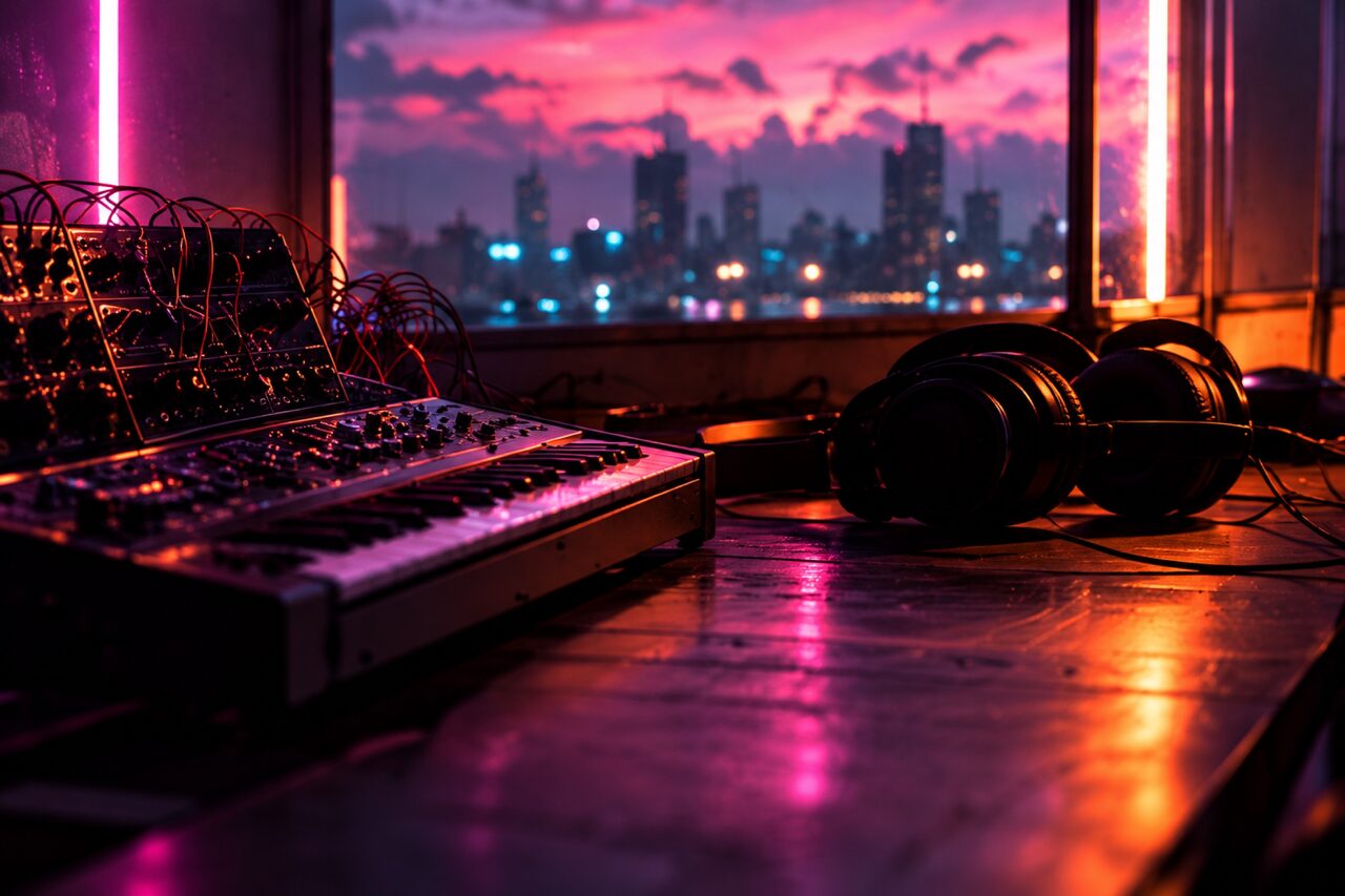 A synthesizer and headphones on a wooden desk in front of a window with a pink and violet city skyline