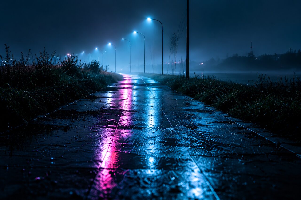 An empty footpath at night, street lamps reflected in pink and blue on the wet tiles