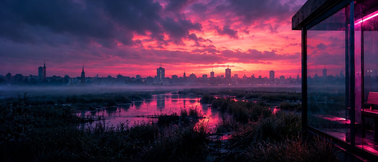 A wetland under a magenta and violet sky at dusk, a city skyline in the mist and the edge of a glass shelter on the right