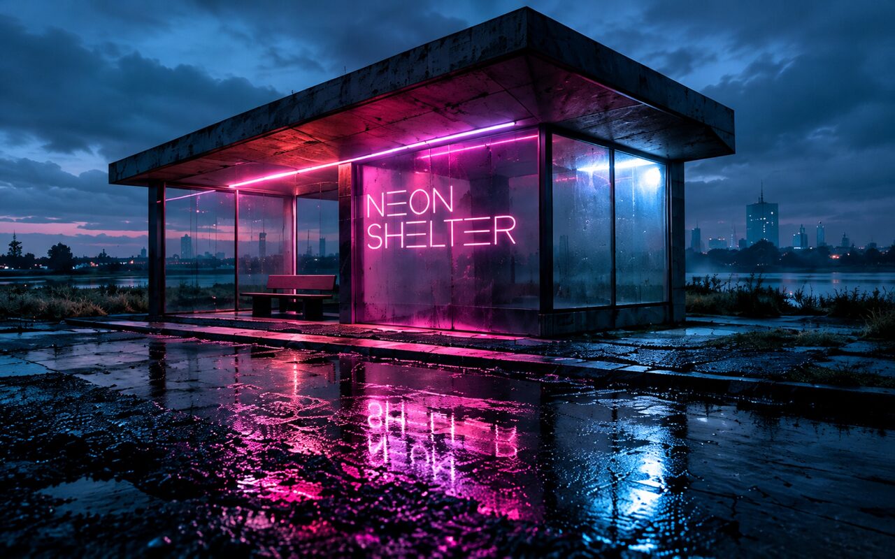 A glass bus shelter with the words Neon Shelter in pink neon, reflected in a wet pavement at night