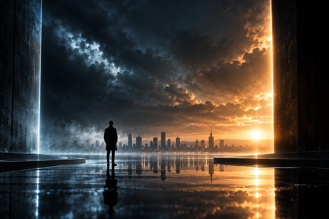 A lone figure between two tall dark pillars on a reflective floor, looking out at a city skyline under storm clouds and a setting sun