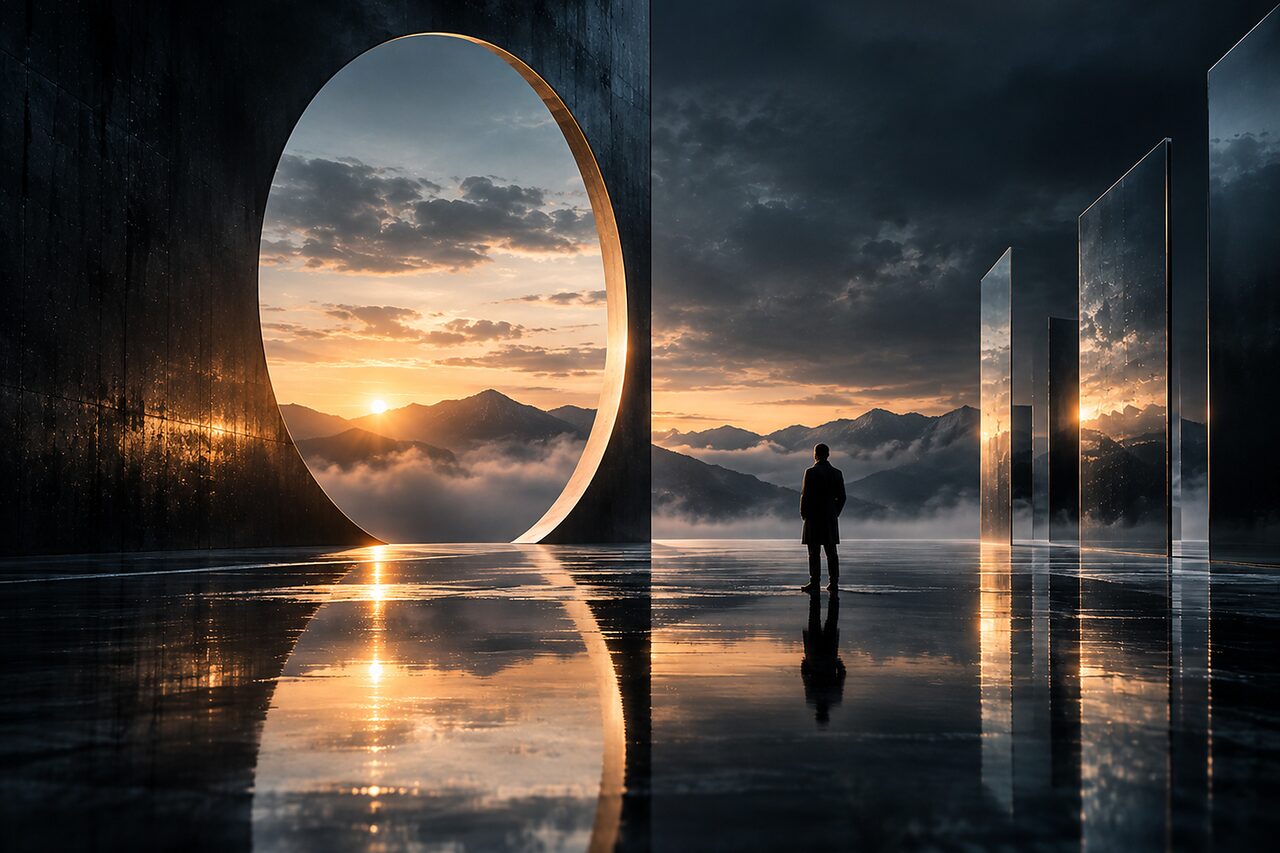 A figure on a reflective floor beside a large circular opening that frames mountains and a sunset above the clouds