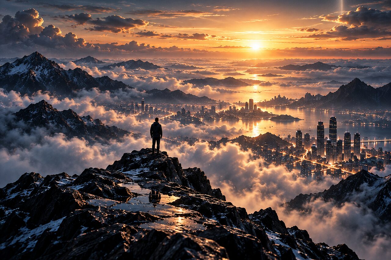 A figure standing on a rocky peak above a sea of clouds, a city with towers rising through the clouds at sunset
