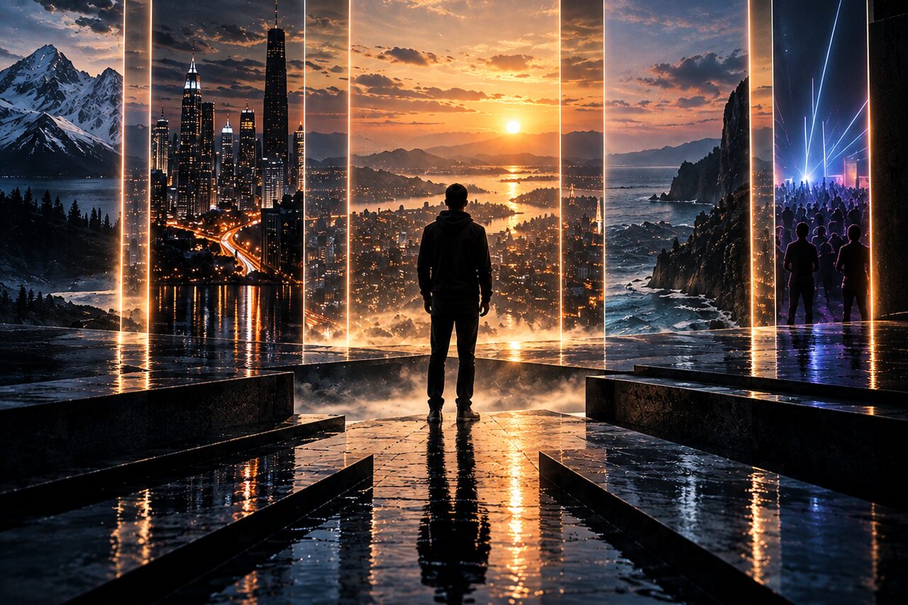 A figure seen from behind facing a row of tall glass panels, each showing a different landscape: mountains, a city, the sea and a crowd at a concert