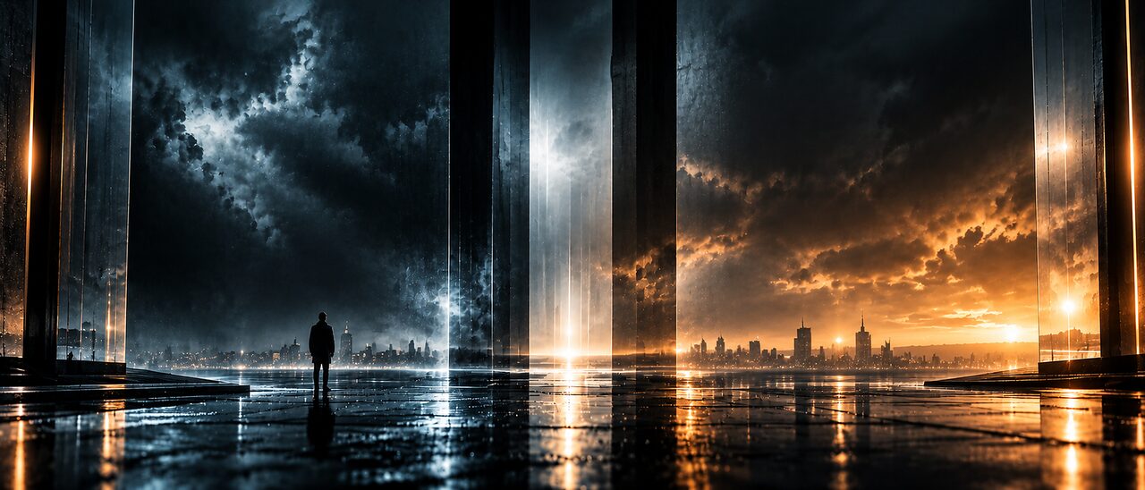 A lone figure between tall dark pillars on a reflective floor, a stormy sky above a city skyline glowing amber at sunset