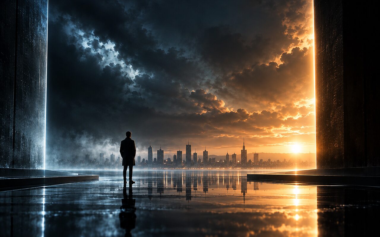 A lone figure between two tall dark pillars on a reflective floor, looking out at a city skyline under storm clouds and a setting sun